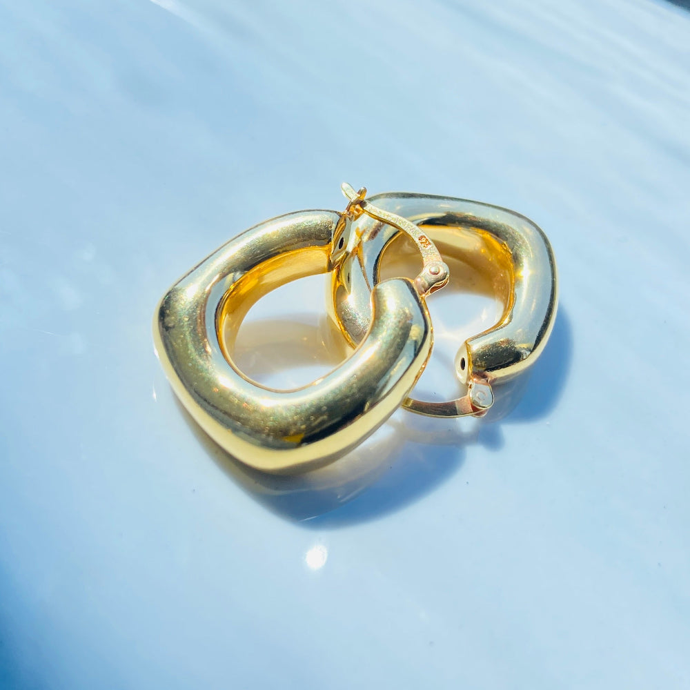 Gold hoop earrings on a light blue background Gold block bubble hoop earring 925 silver sterling silver earrings for women ladies queens shine bright with DSJ exclusive Deep Shine Jewellers jewellery jewelry trendy new affordable luxury Your Time To Shine 