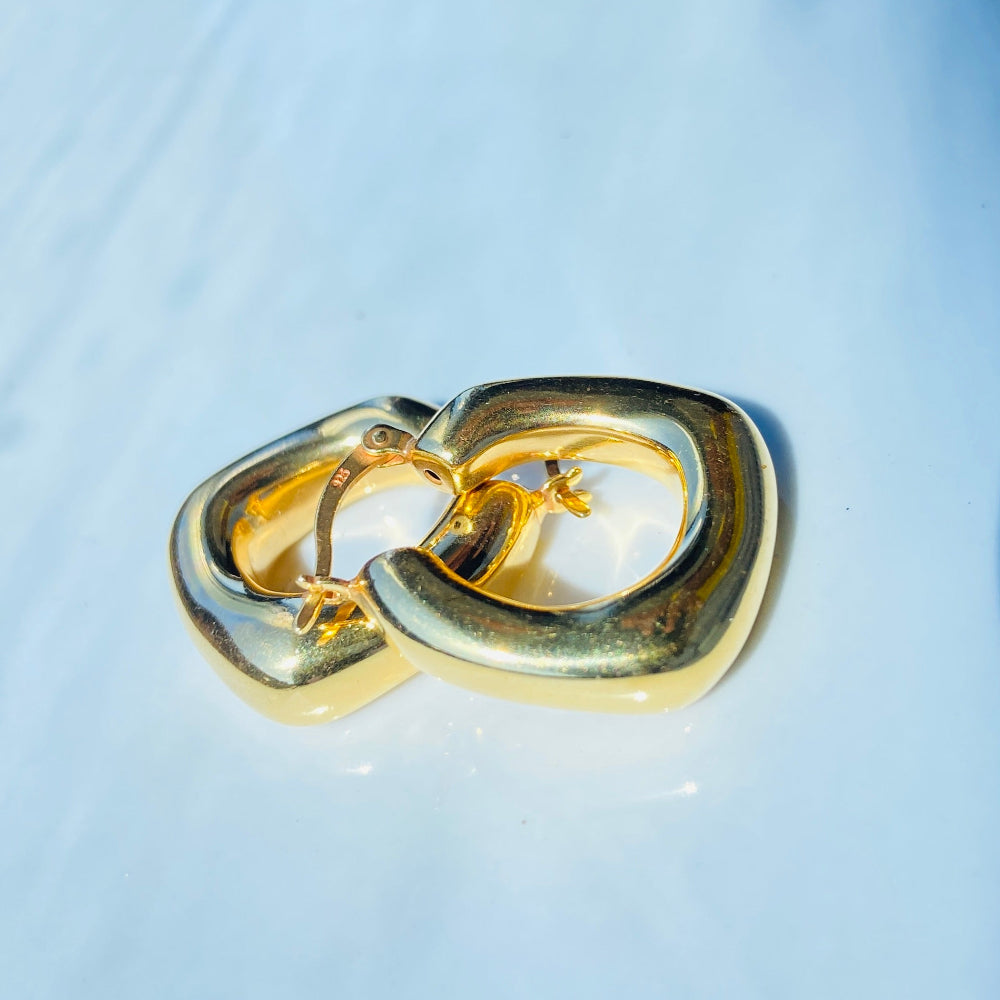 Gold hoop earrings on a light blue background Gold block bubble hoop earring 925 silver sterling silver earrings for women ladies queens shine bright with DSJ exclusive Deep Shine Jewellers jewellery jewelry trendy new affordable luxury Your Time To Shine 