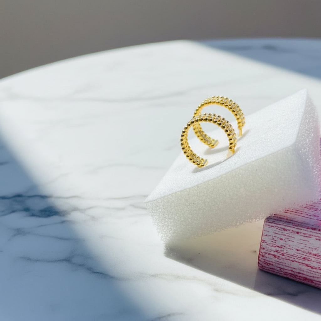 Deep Shine Jewellers Gold Detailed Ice Sleeper Hoop Earrings