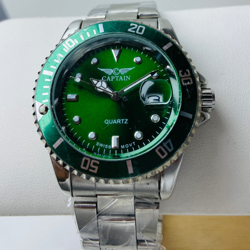Green wristwatch with silver case and band on a white background Silver watch with black dial on a white surface captain mens watch black dial stainless steel rotating bezel quartz movement swiss movement timepiece watches timeless elegance brand new polished watched sapphire crystal hour markings jewellery jewelry premium quality affordable luxury best sellers trending shop now Deep Shine Jewellers DSJ Your Time To Shine mens gents kings 