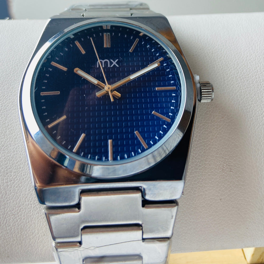 Silver watch with a blue face on a white background silver watch with navy face on a white marble surface silver MX mens watch stainless steel watches timepiece timeless luxury best seller trending Deep Shine Jewellers DSJ Your Time To Shine quartz movement black dial silver stick markers 36mm silver bezel christmas presents gifts holiday season festive season xmas christmas sale Cape town south africa 