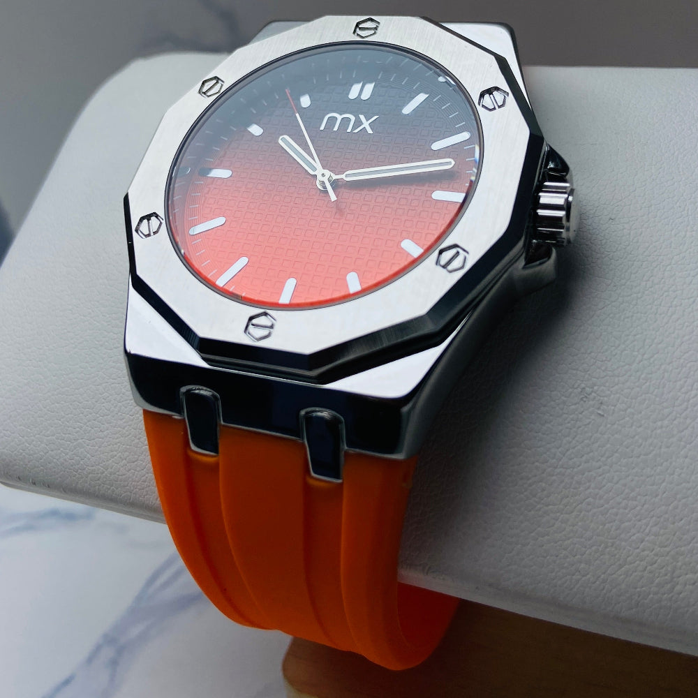 Watch with an orange strap and gradient face on a gray surface Wristwatch with orange strap and red face on a white background silver watch with black and orange face on a white marble surface MX mens watch stainless steel watches timepiece timeless luxury best seller trending Deep Shine Jewellers DSJ Your Time To Shine quartz movement black dial gold stick markers 36mm gold bezel rubber strap orange christmas sale xmas present holiday season festive season 