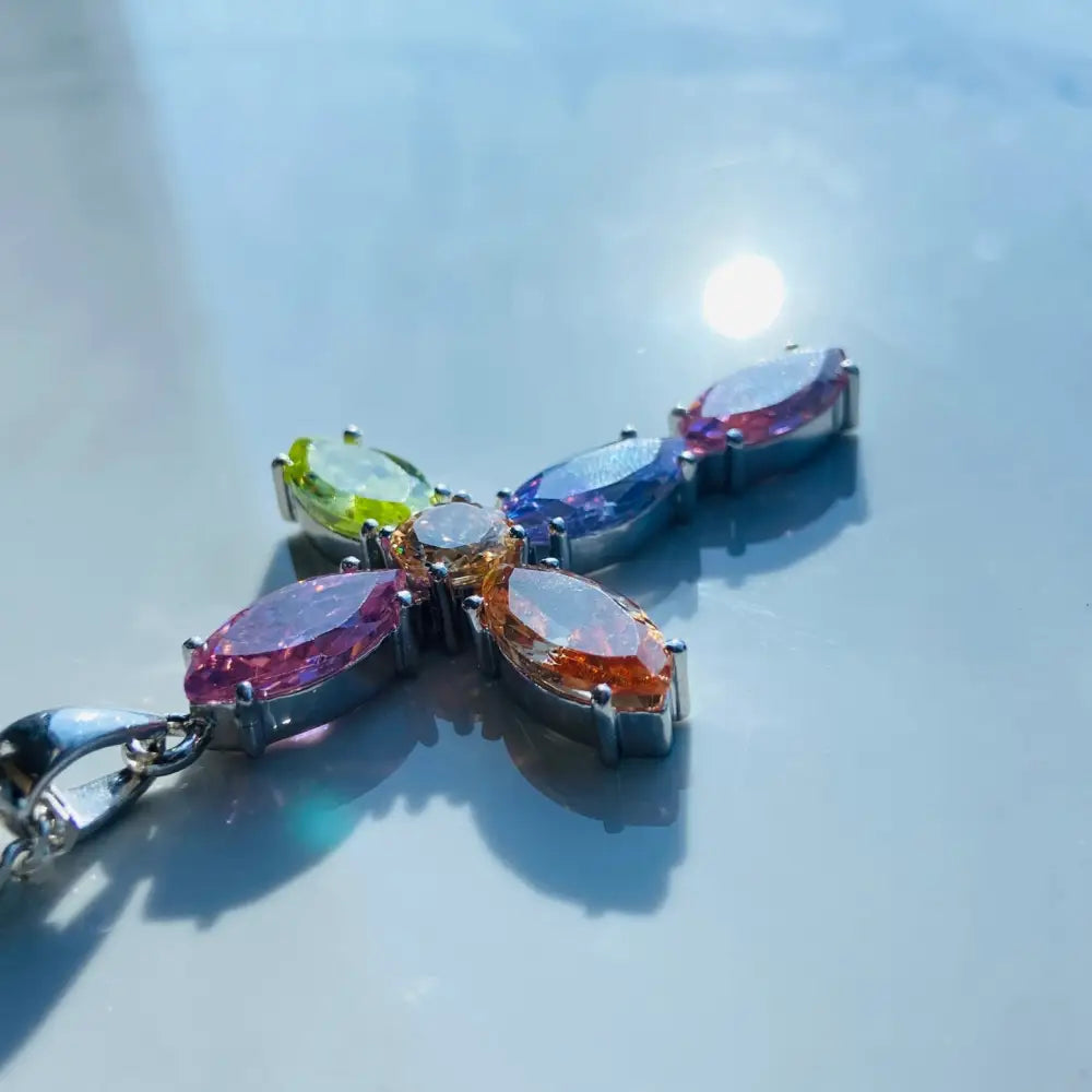 Silver gemstones cross pendant with colourful marquise-cut gemstones in white gold silver finish. Jewellery silver jewellery Deep Shine Jewellers