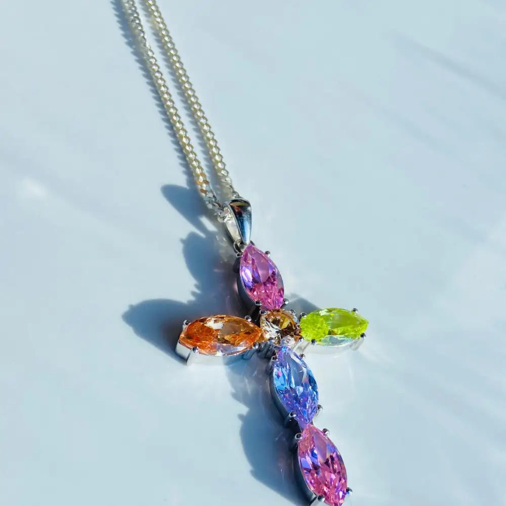 Silver chain necklace with colorful gemstone cross pendant in white gold silver finish. Jewellery silver jewellery Deep Shine Jewellers