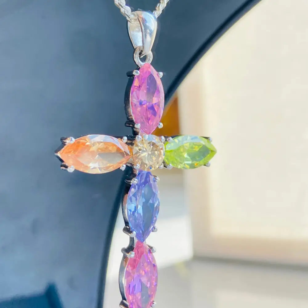 Sterling silver gemstones cross pendant with colorful marquise-cut gemstones in white gold silver. Jewellery silver jewellery Deep Shine Jewellers