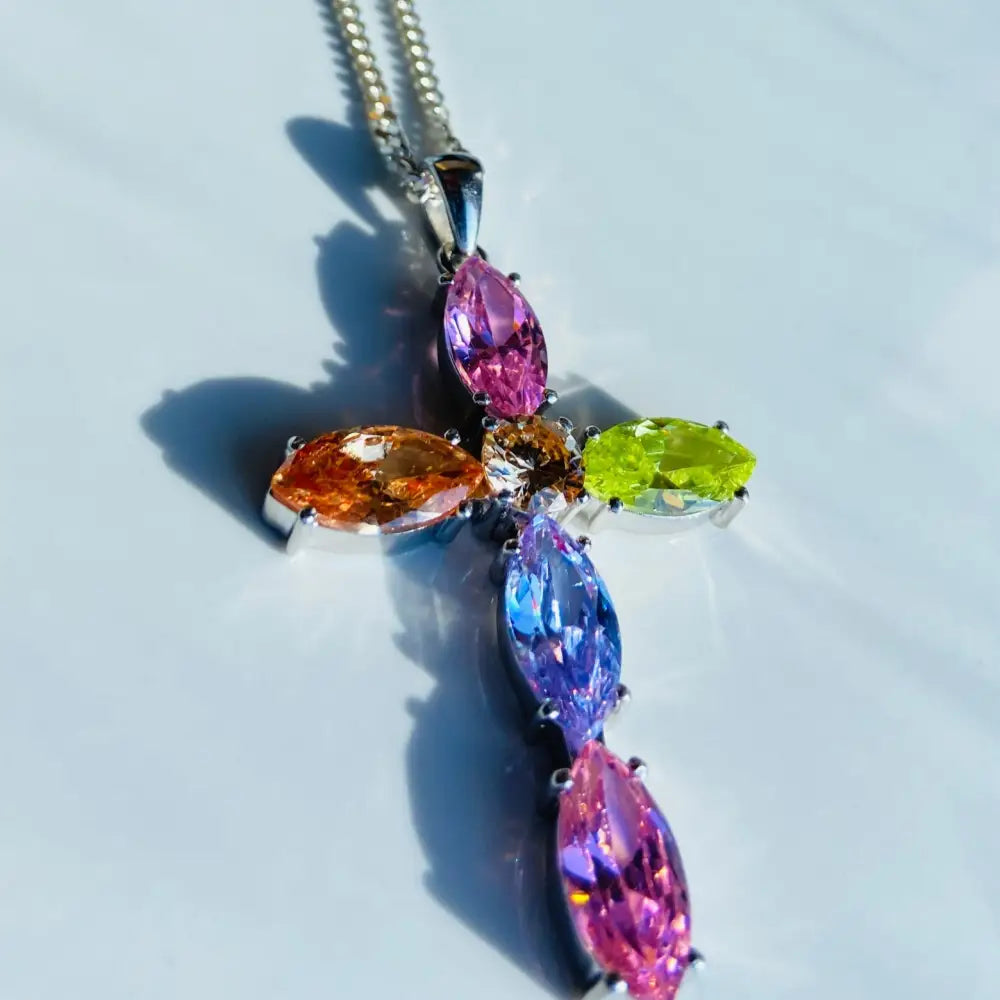 Silver chain necklace with colorful gemstones cross pendant in white gold silver finish. Jewellery silver jewellery Deep Shine Jewellers