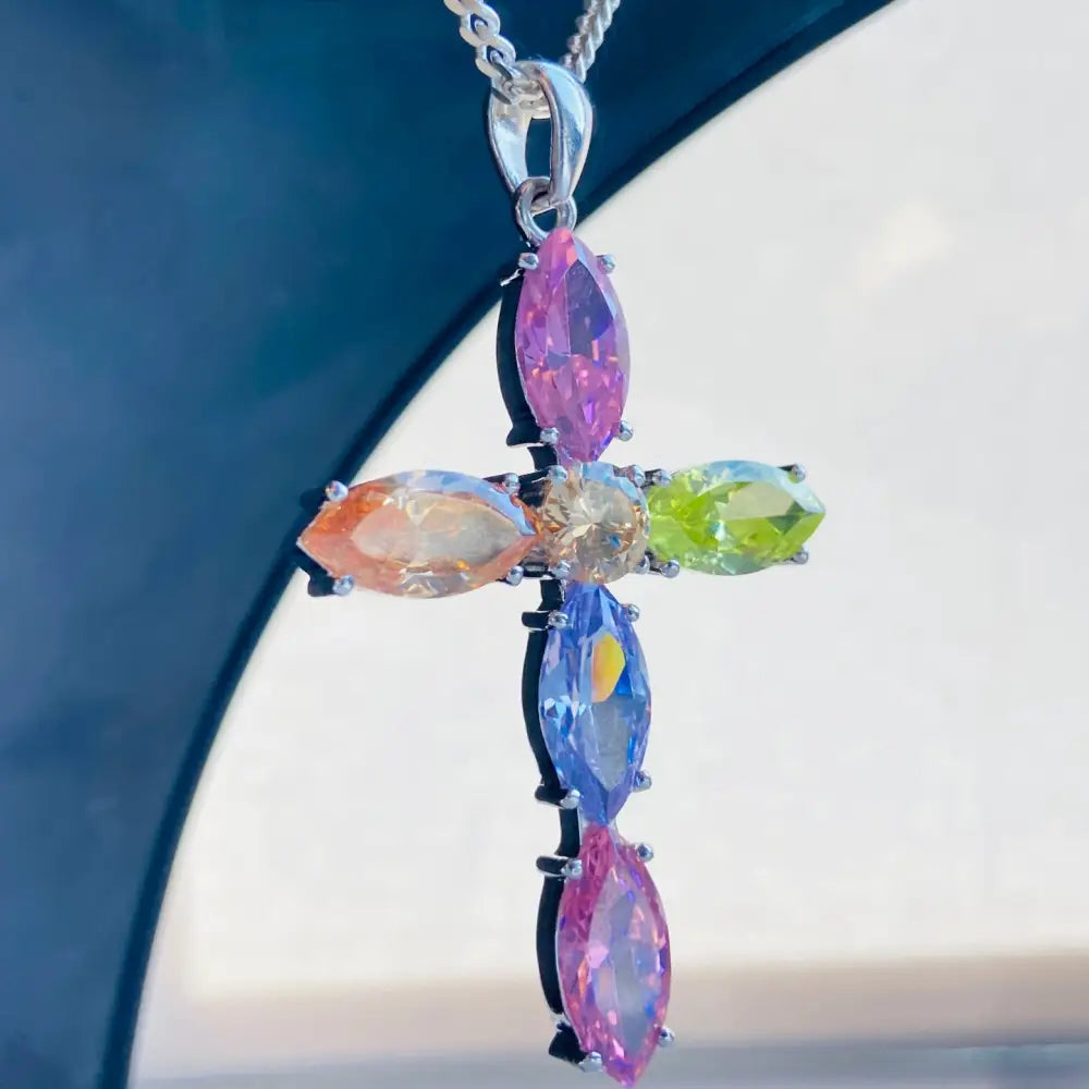 Silver chain necklace with colorful gemstones cross pendant in white gold silver finish. Jewellery silver jewellery Deep Shine Jewellers