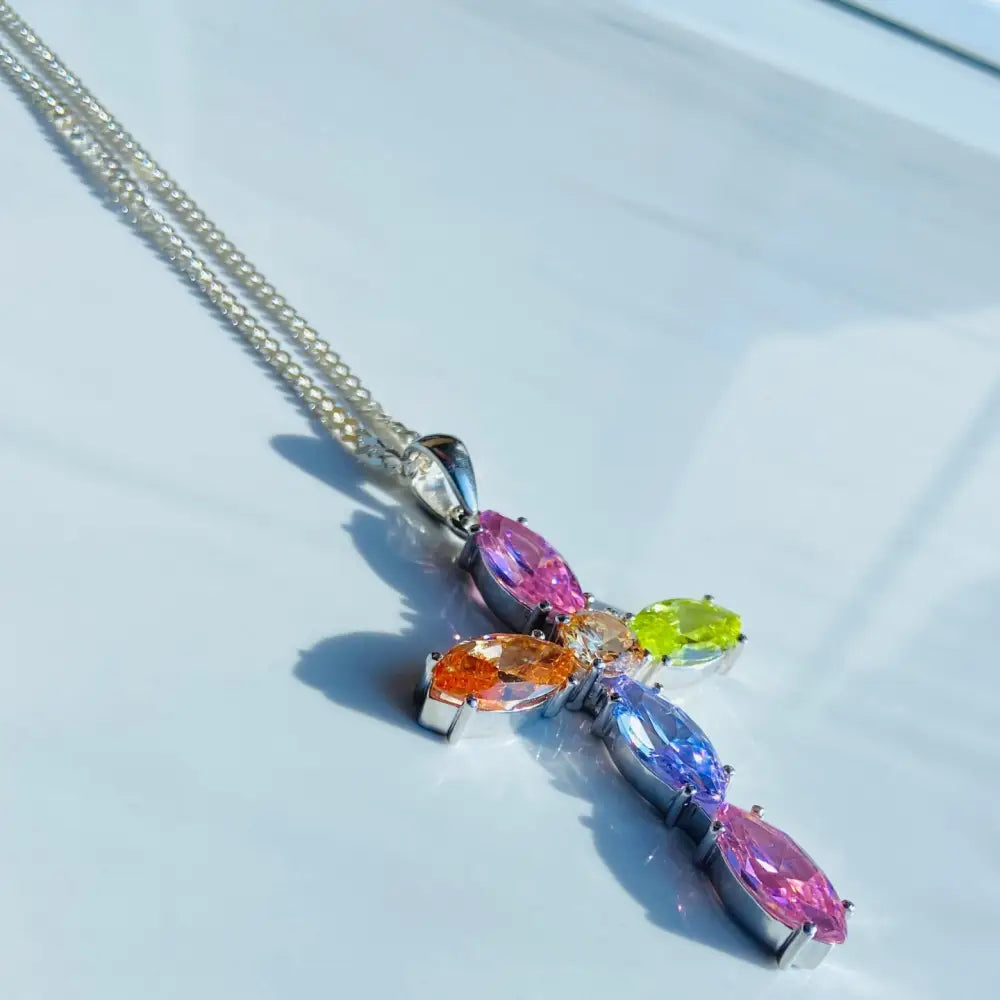 Silver chain necklace with a colourful gemstone cross pendant in white gold silver finish. Jewellery silver jewellery Deep Shine Jewellers