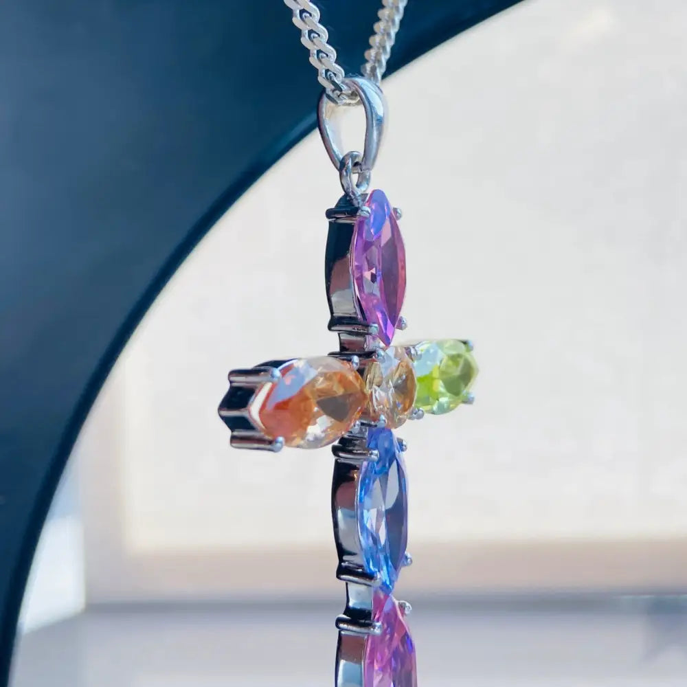 Silver cross pendant with colorful marquise gemstones in white gold silver finish. Jewellery silver jewellery Deep Shine Jewellers