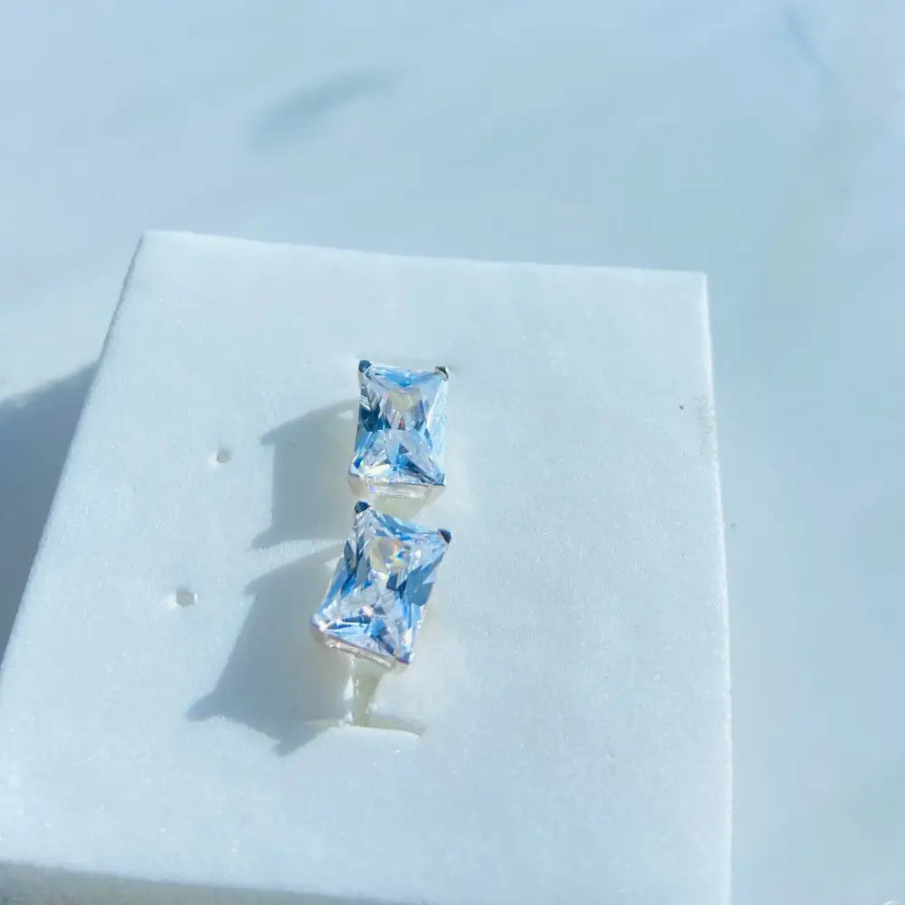 Deep Shine White Gold Silver Rectangle Four Claw Gemstone Stud Earrings