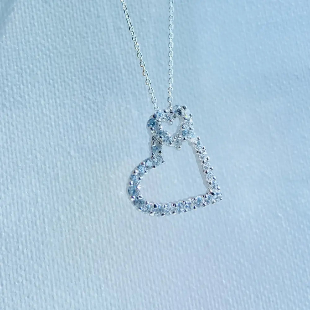 Silver white gold double ice heart necklace with diamond pendant for all-day radiance