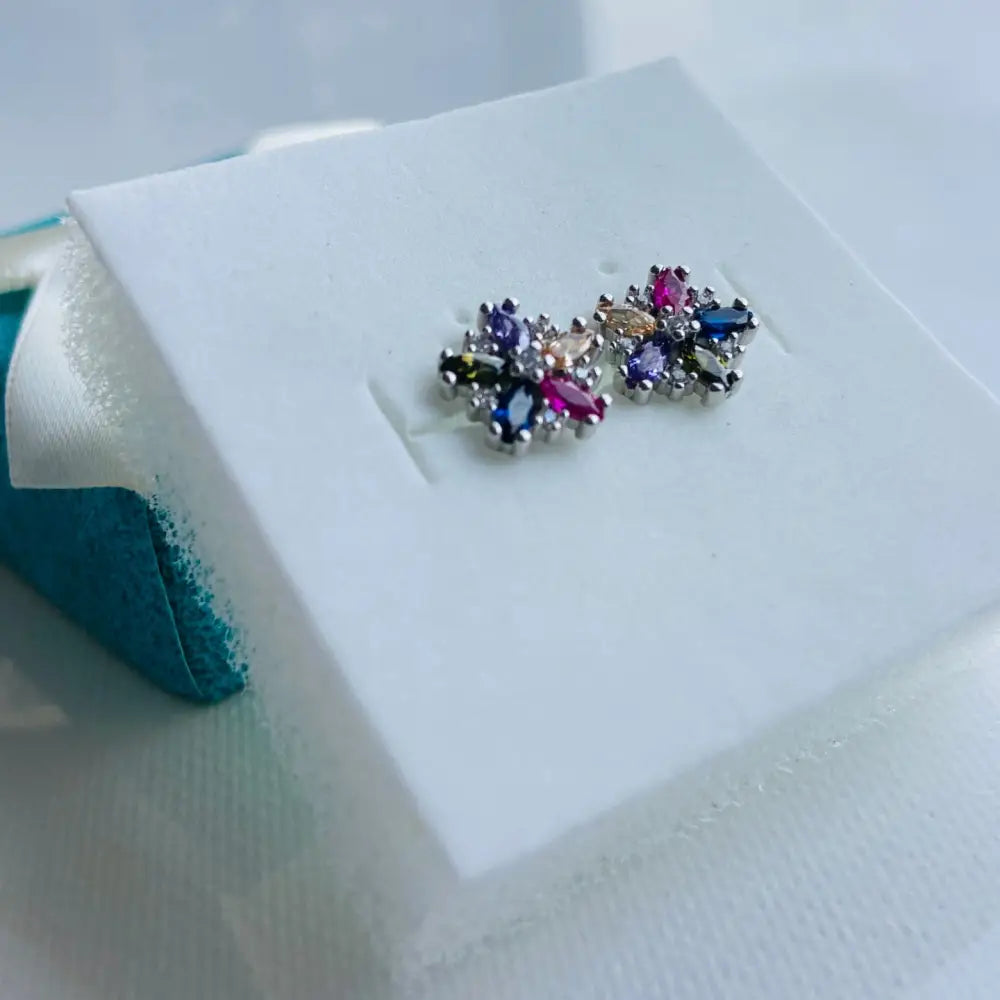 Silver colourful flower stud earrings with marquise-cut and round gemstones for elegant style