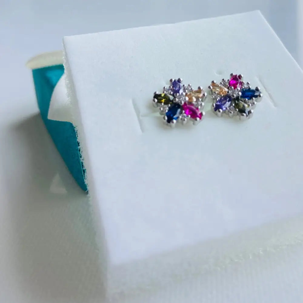 Silver colourful flower stud earrings with marquise-cut multicolored gemstones in floral design