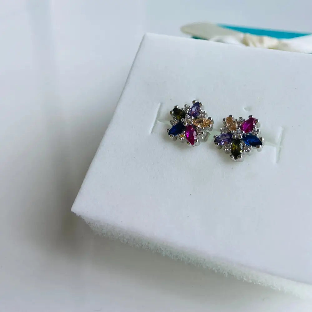 Silver colourful flower stud earrings with marquise-cut multicolored gemstones in white gold silver finish
