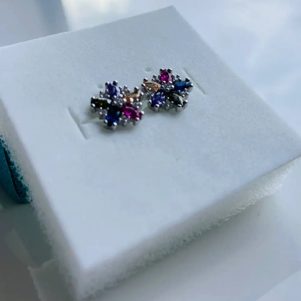 Silver colourful flower stud earrings with marquise-cut gemstones in white gold silver finish