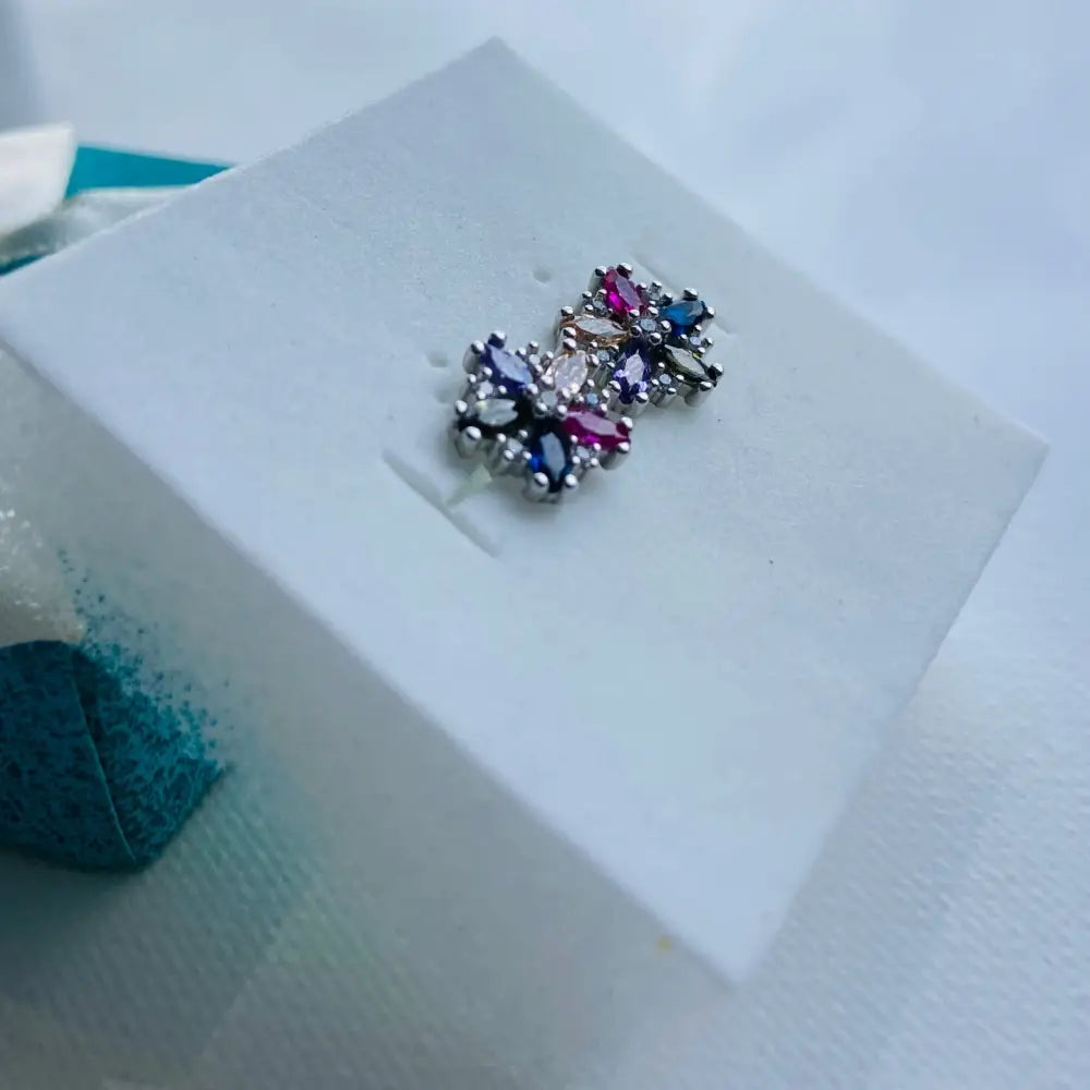 Silver colourful flower stud earrings with marquise-cut multicolored gemstones in floral design
