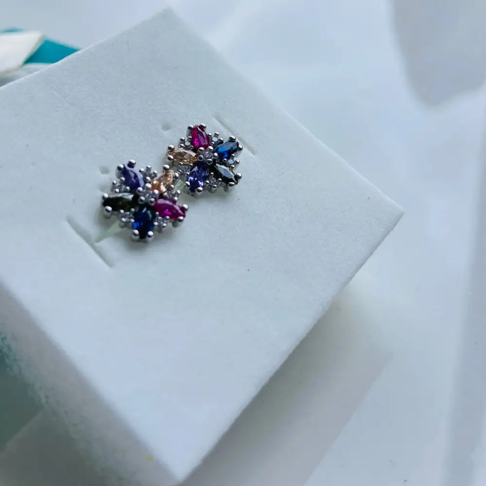 Silver colourful flower earrings with marquise-cut gemstones for Radiant Silver Colourful Flower Studs