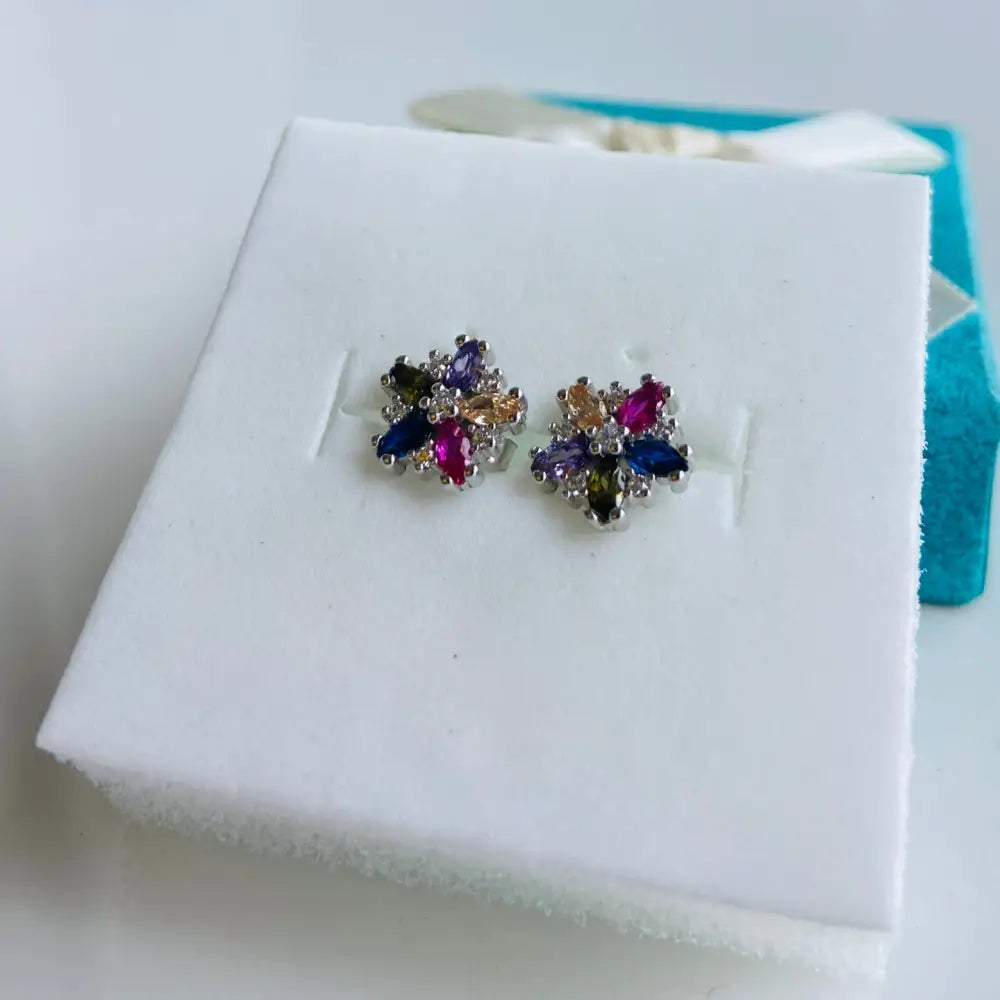 Silver colourful flower stud earrings with marquise-cut multicolored gemstones in floral design