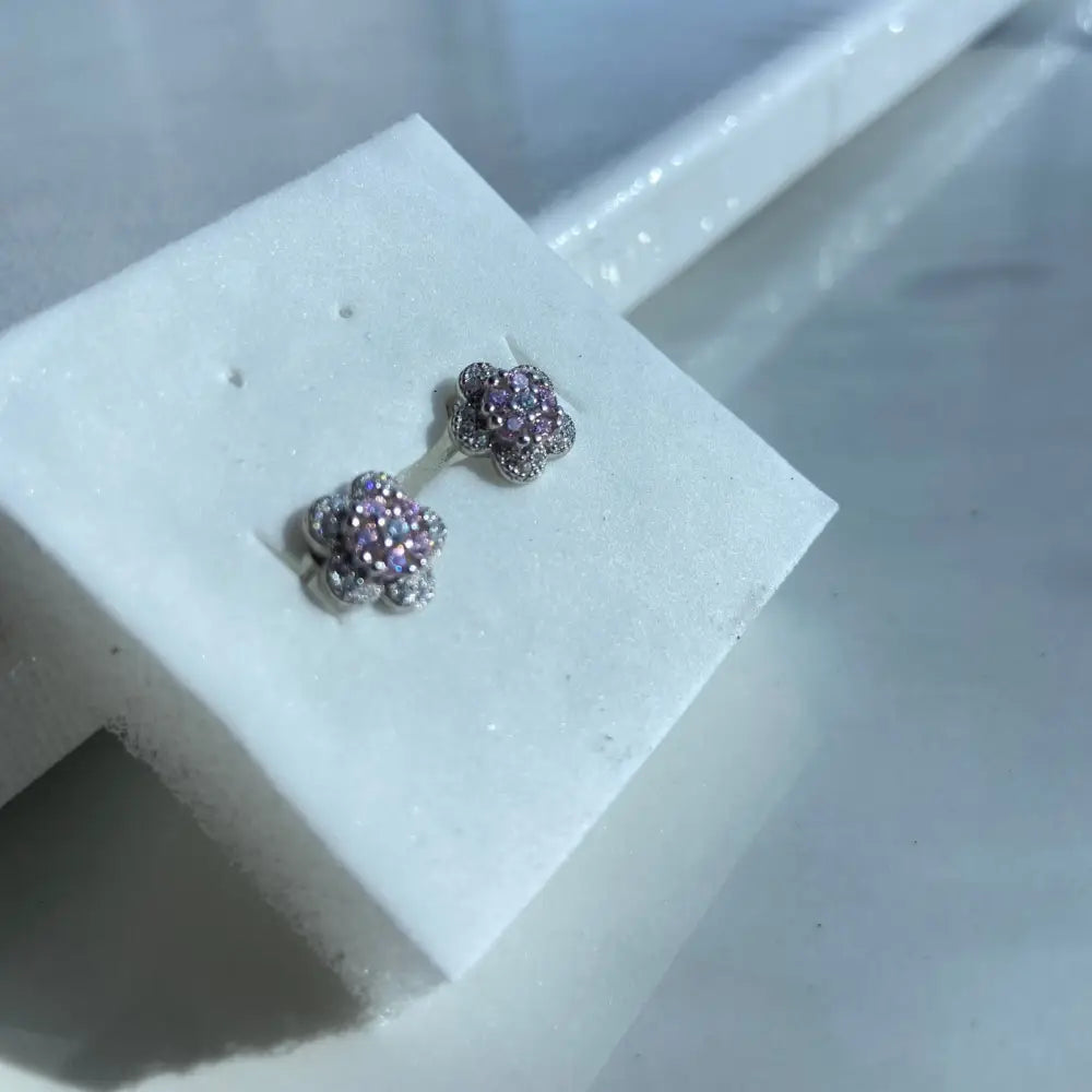 Silver pink rose stud earrings with flower-shaped pink and clear gemstones for elegant jewelry