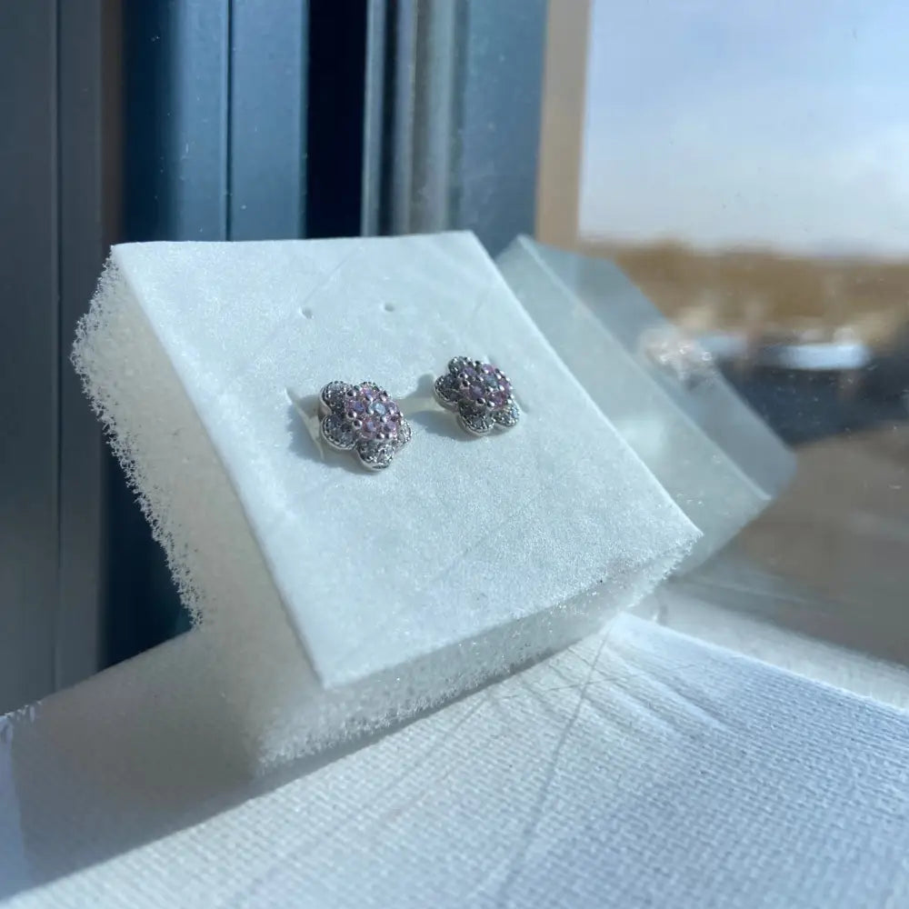 Silver pink rose stud earrings with flower-shaped pink and clear gemstones for elegant jewelry