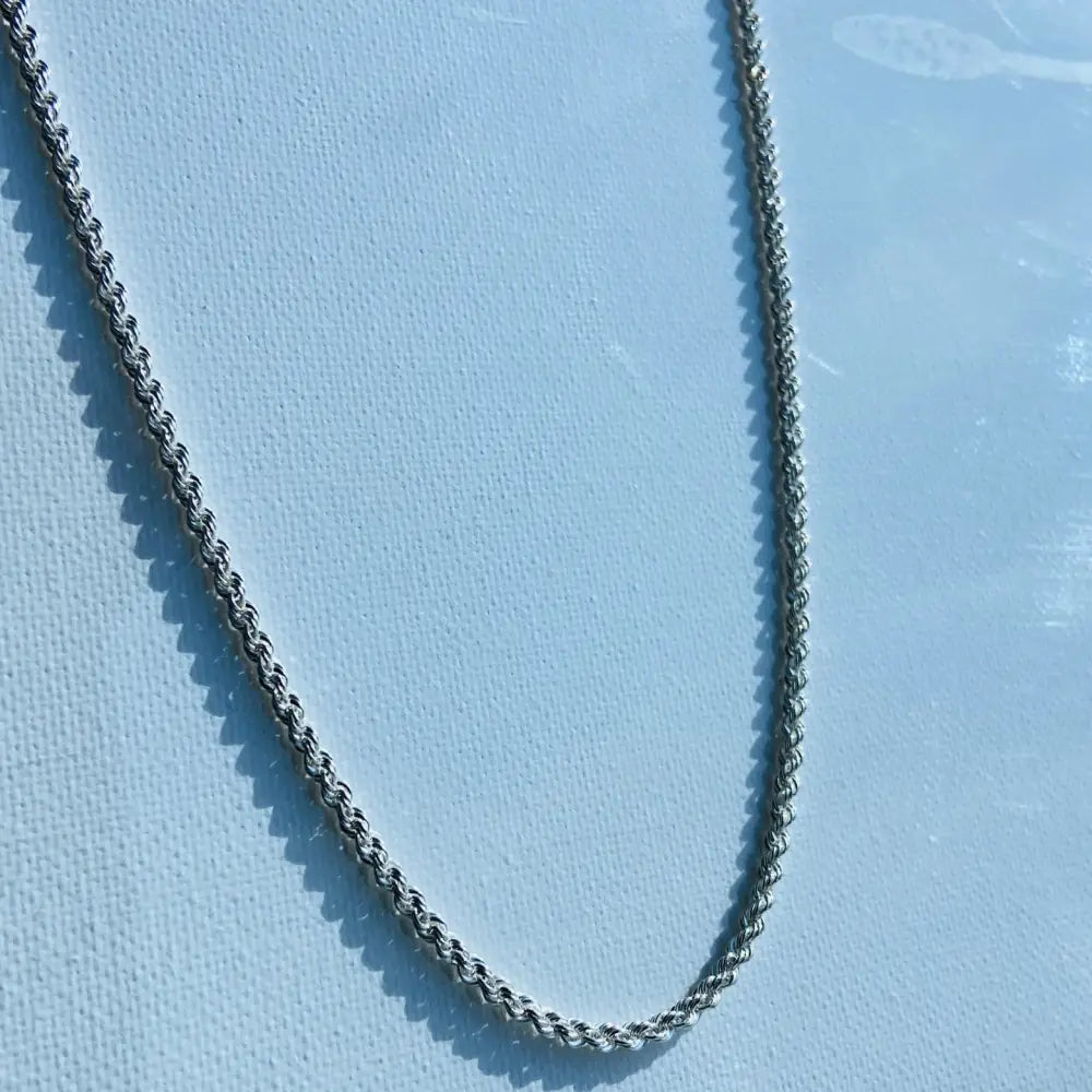 Shiny silver rope chain necklace showcasing a stylish silver rope chain design