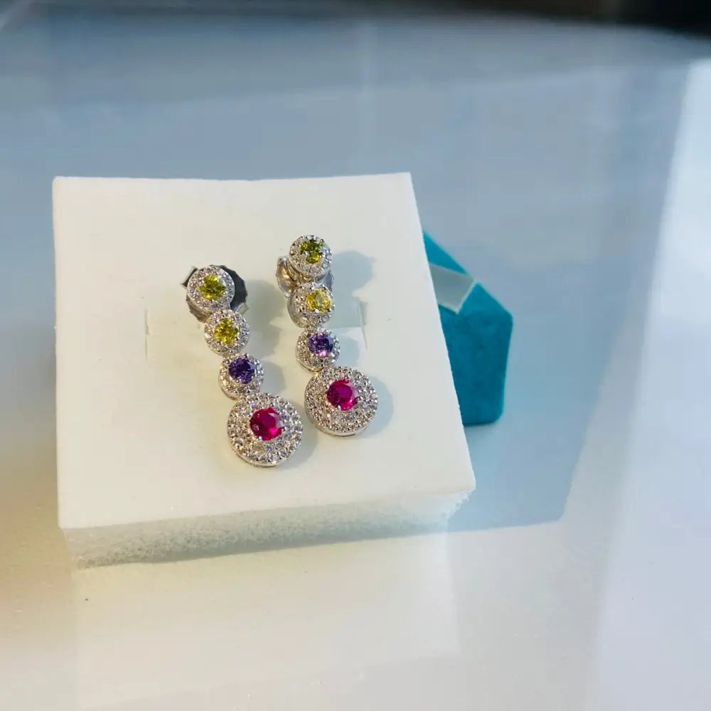 Radiant White Gold Flooded Colourful Diamond Drop Earrings with Gemstones and Halos