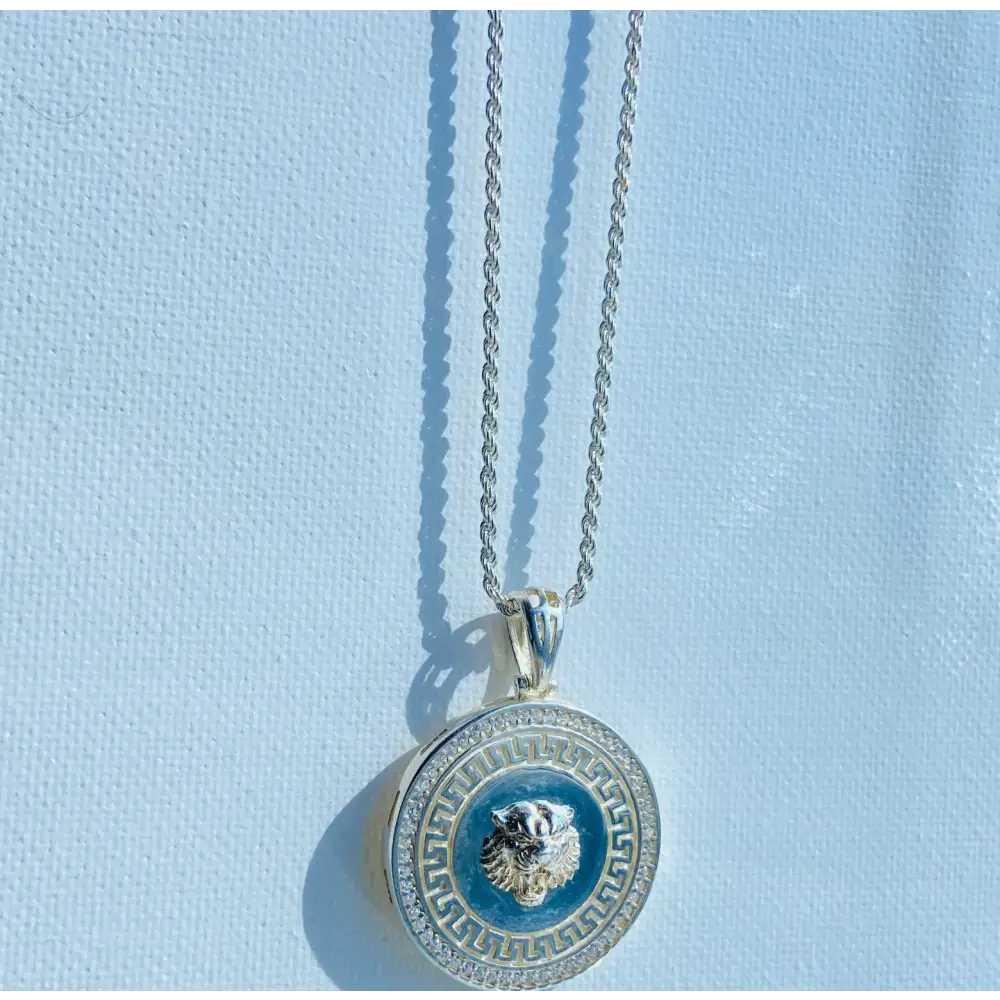 Silver rope necklace featuring an ornate lion’s head pendant with gemstones. Jewellery silver jewellery. Deep Shine Jewellery