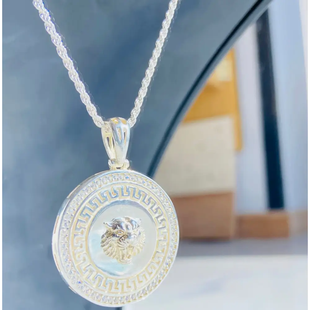 Silver rope necklace with a round medallion pendant featuring a gold lion’s head and gemstones. Jewellery silver jewellery. Deep Shine Jewellery