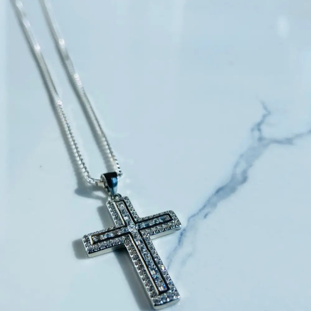 Silver flooded ice cross pendant with sparkling stones, perfect for white gold silver jewelry