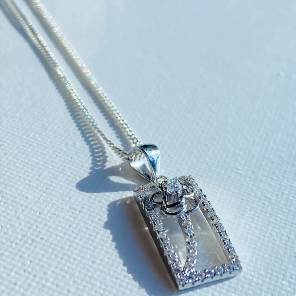 Silver chain necklace with framed rose gold silver ice pendant featuring floral design. jewellery silver jewellery. Deep Shine Jewellers