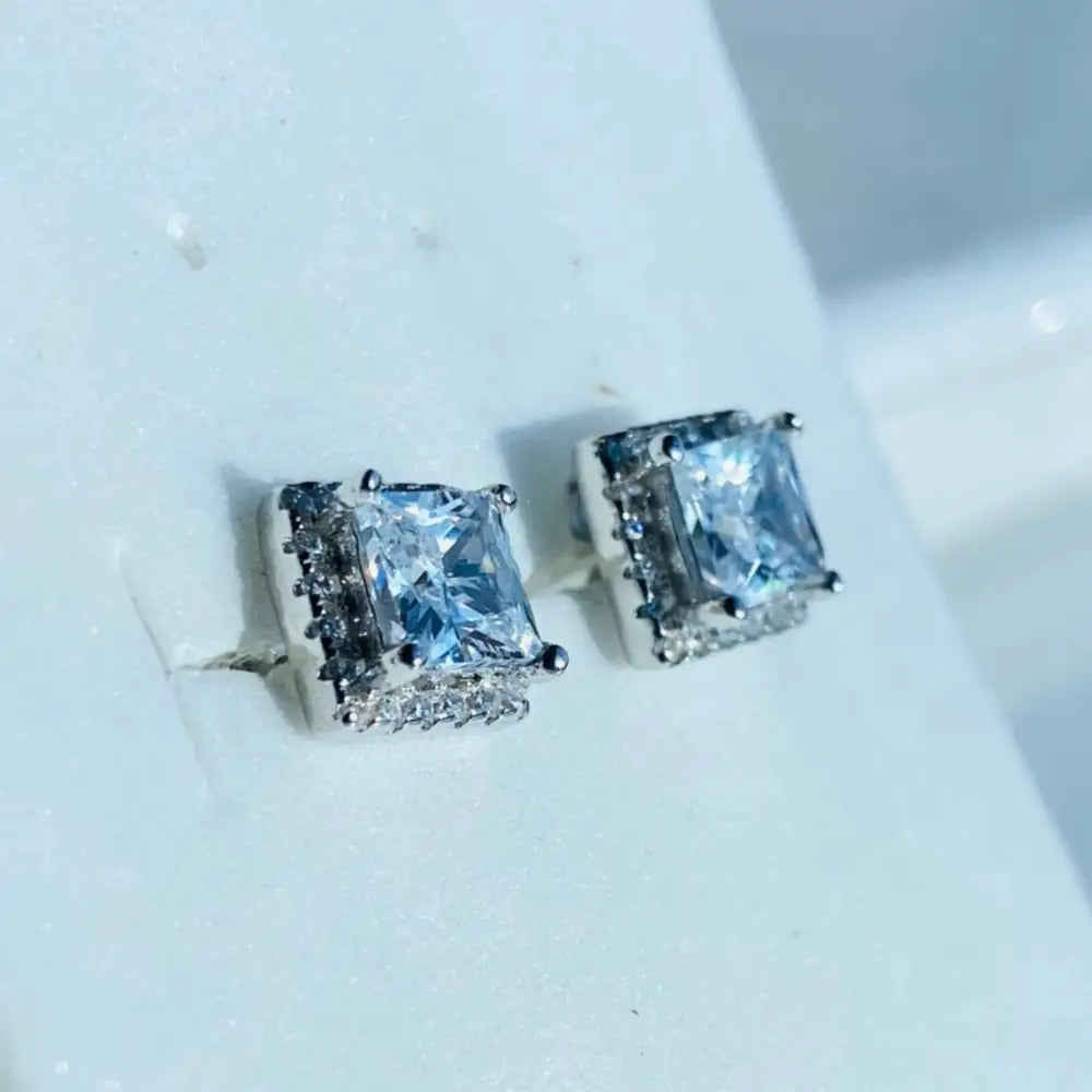 White Gold Silver Princess Cut Studs with Pavé-Set Clear Gemstones