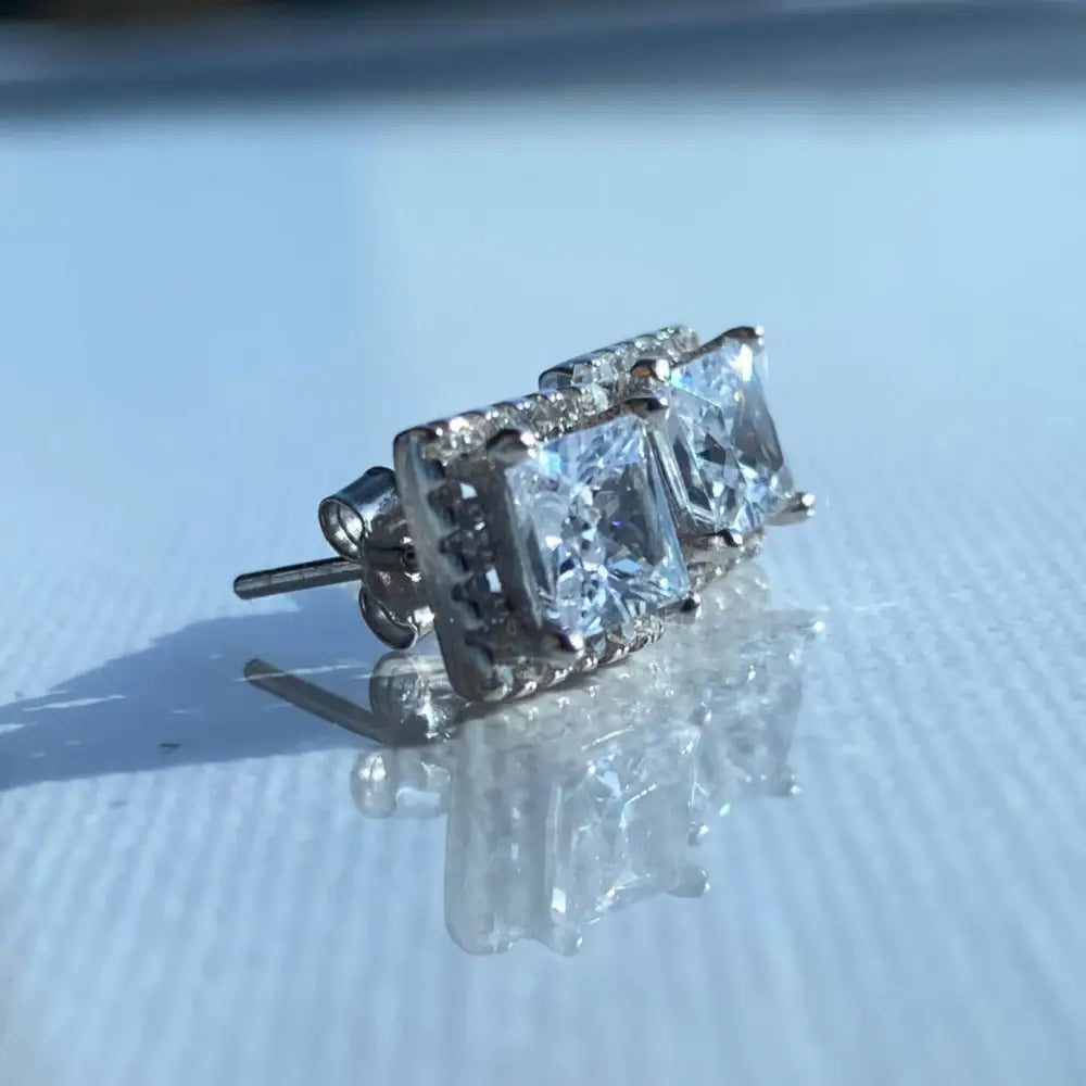 White Gold Silver Princess Cut Studs with Pavé-Set Clear Gemstones